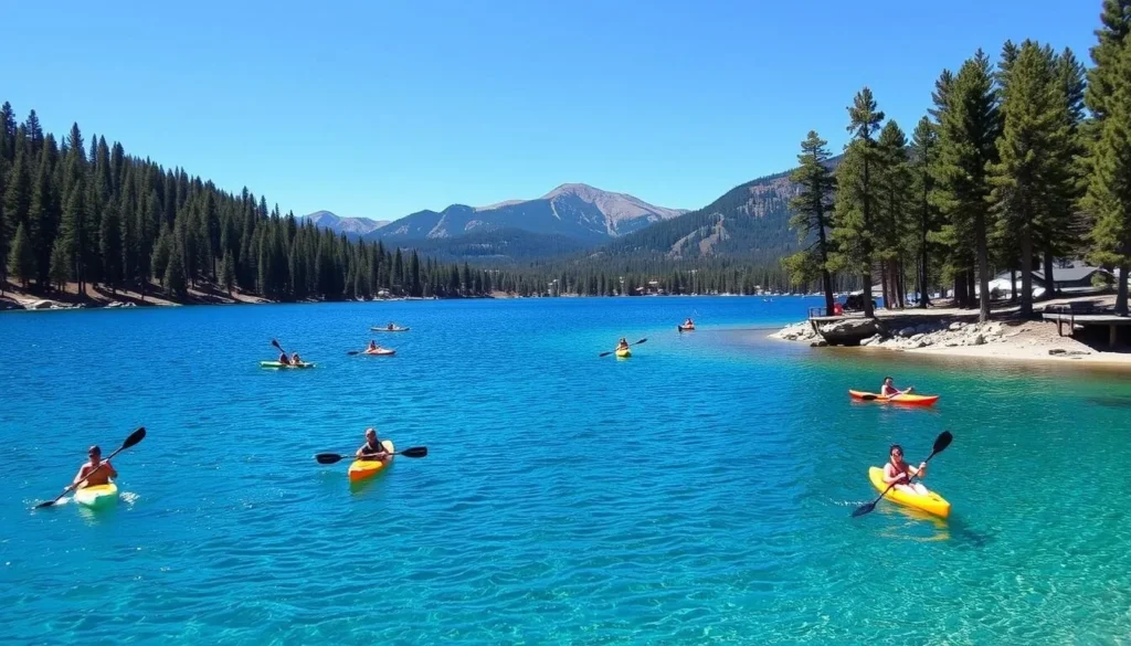 Donner Lake in Truckee, California with mountains in background and people enjoying water activities Donner Lake in Truckee, California with mountains in background and people enjoying water activities