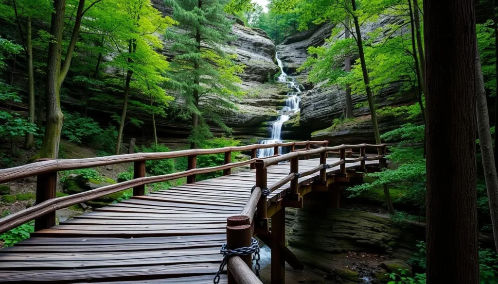 Doughboys Trail wooden bridge overlooking Copper Falls waterfall
