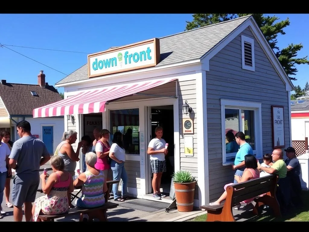 Down Front ice cream shop on Peaks Island with customers enjoying treats Down Front ice cream shop on Peaks Island with customers enjoying treats