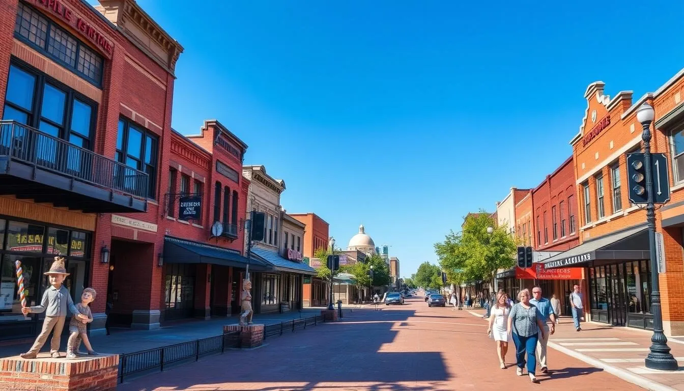 Downtown Abilene Texas cultural district with historic buildings and storybook sculptures