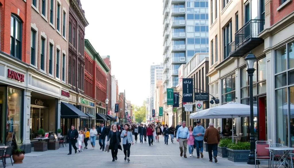 Downtown Brampton street scene with shops, restaurants and pedestrians