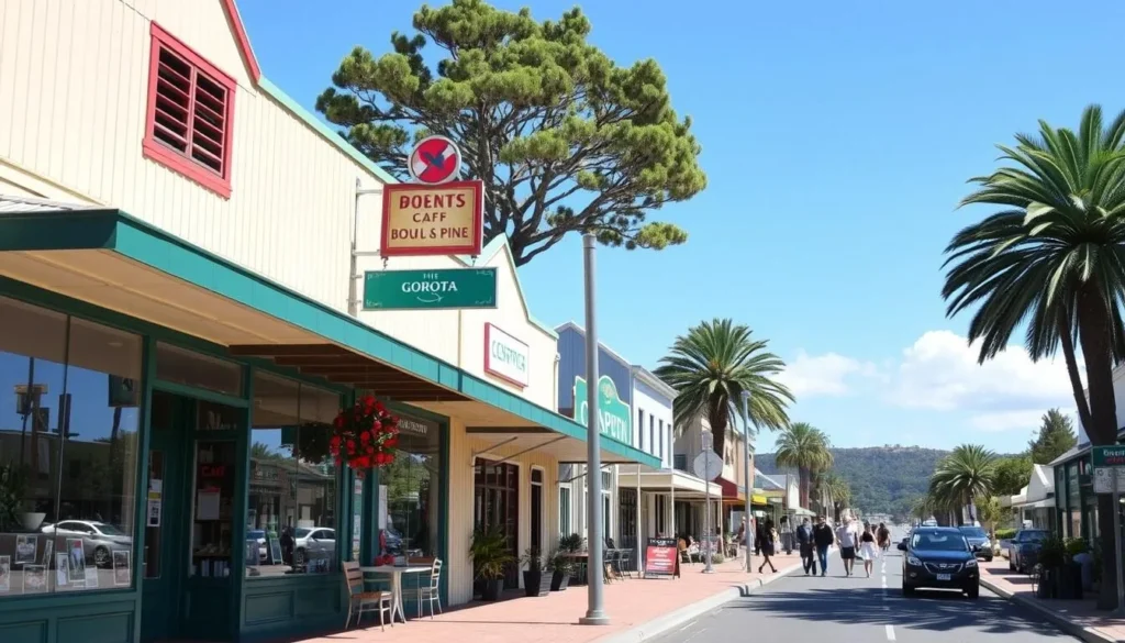 Downtown Burnt Pine shopping area on Norfolk Island with local shops and cafes