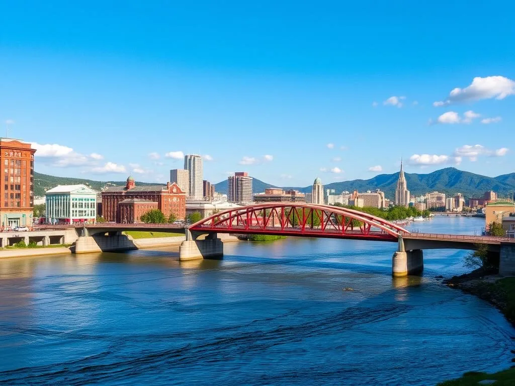 Downtown Chattanooga riverfront with pedestrian bridge