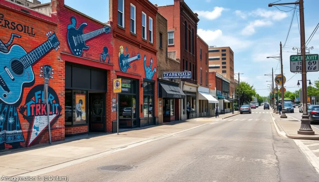 Downtown Clarksdale Mississippi street scene with blues-themed murals and shops