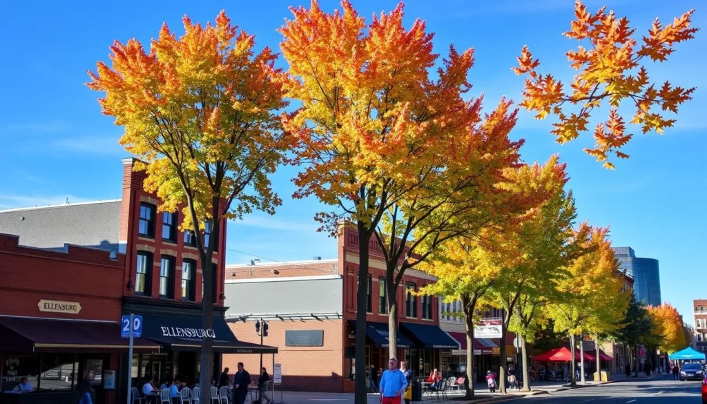 Downtown Ellensburg during autumn with colorful fall foliage