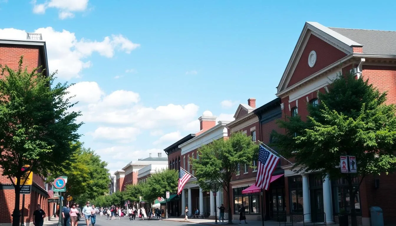 Downtown Granville Ohio with historic buildings and tree-lined streets