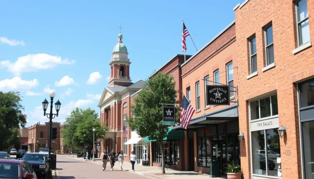 Downtown Huntsville Texas historic square with shops and courthouse Downtown Huntsville Texas historic square with shops and courthouse