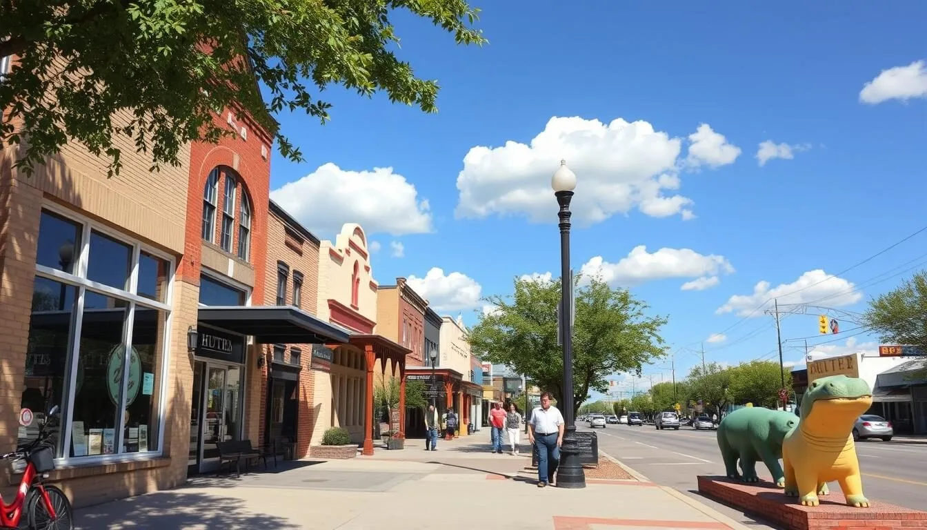Downtown Hutto Texas with hippo statues and historic buildings on a sunny day