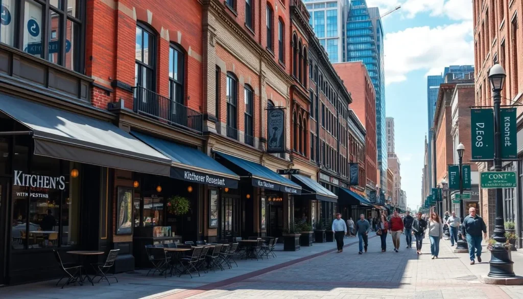 Downtown Kitchener street scene showing shops, restaurants and pedestrians