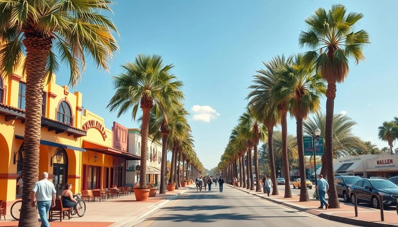 Downtown McAllen Texas with palm trees and colorful buildings