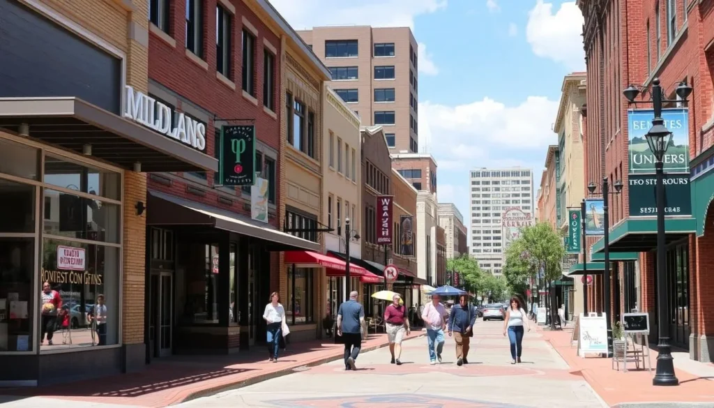 Downtown Midland, Texas street scene with shops and restaurants Downtown Midland, Texas street scene with shops and restaurants