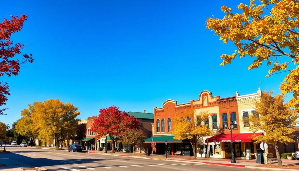 Downtown Sherman during autumn with colorful fall foliage and historic buildings Downtown Sherman during autumn with colorful fall foliage and historic buildings