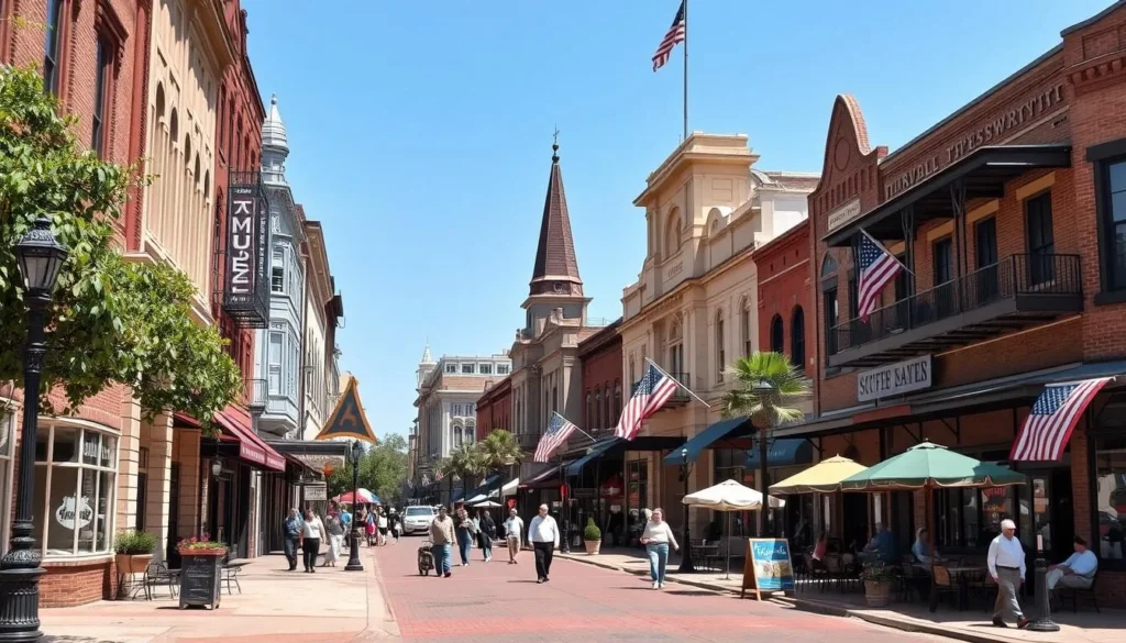 Downtown Temple Texas street scene with shops, restaurants and pedestrians enjoying the area Downtown Temple Texas street scene with shops, restaurants and pedestrians enjoying the area