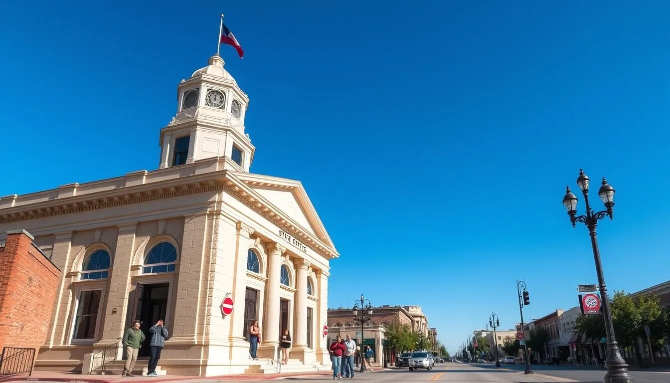 Downtown Texarkana showing the historic State Line Post Office where visitors can stand in two states at once