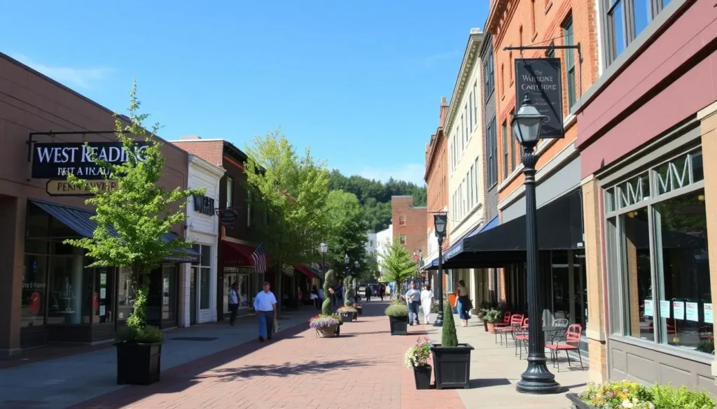 Downtown West Reading shopping district with boutiques and restaurants