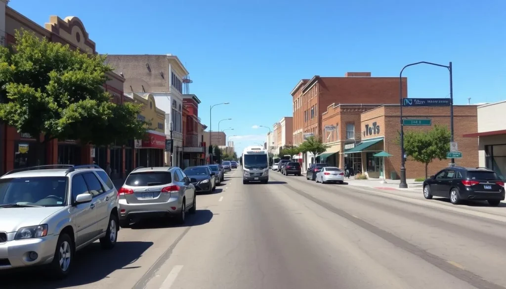 Downtown street view of Del Rio, Texas showing local transportation options
