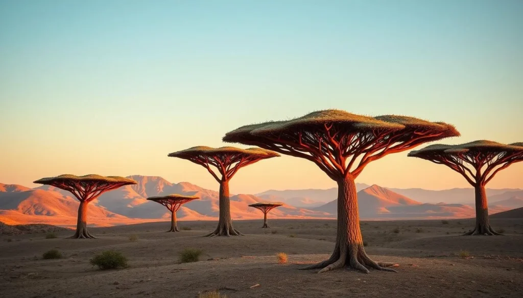 Dragon Blood trees on Diksam Plateau in Socotra with their distinctive umbrella shape
