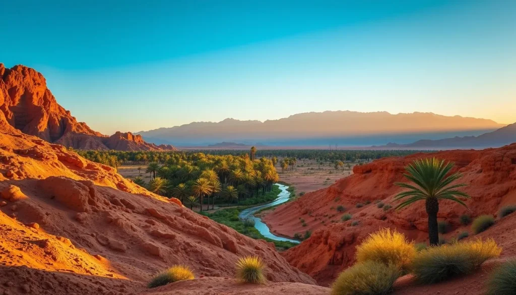 Dramatic landscape near Taourirt showing desert terrain, palm oases, and the Atlas Mountains in the distance
