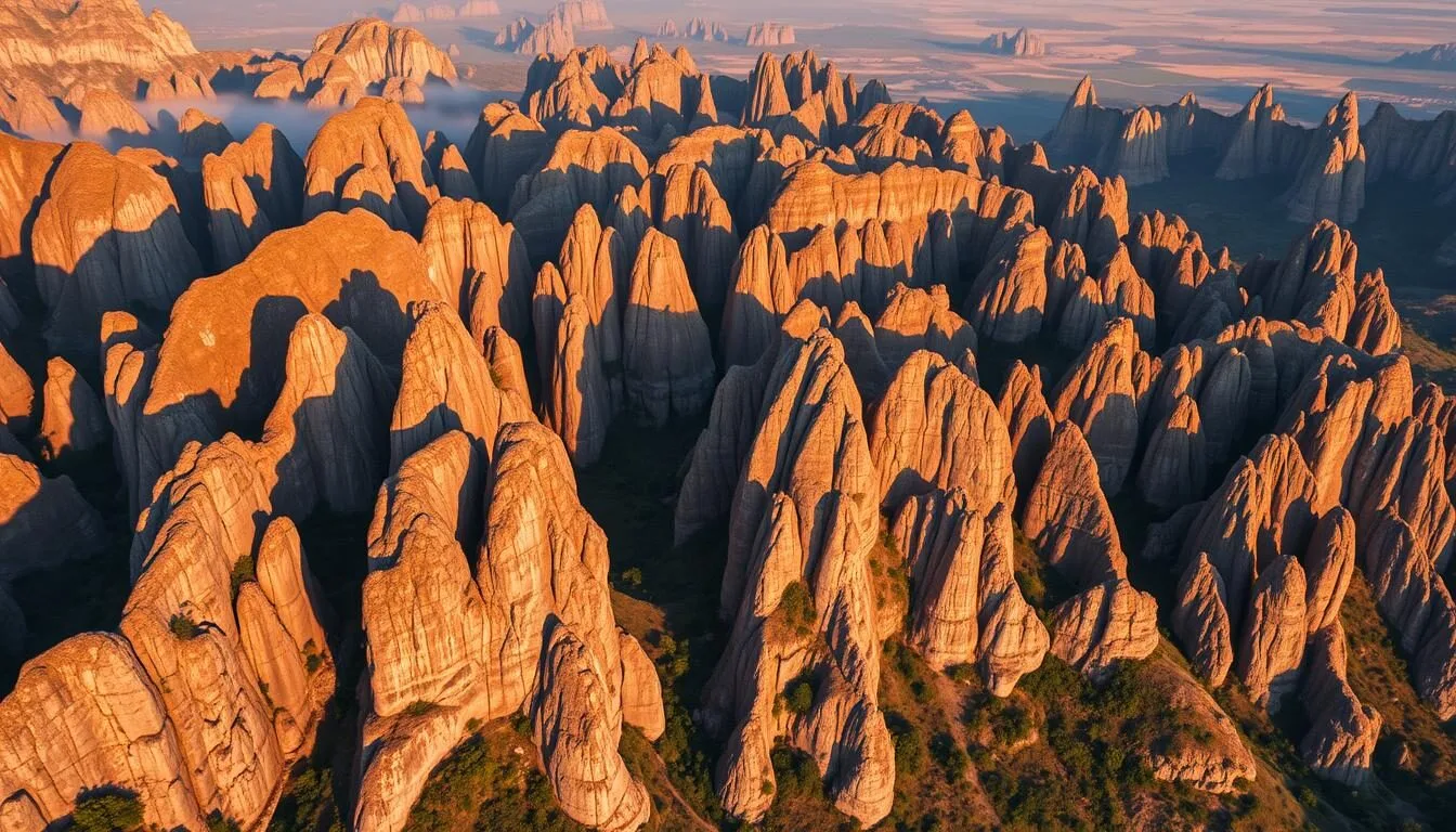 Dramatic limestone formations of Tsingy de Bemaraha National Park with morning light illuminating the sharp peaks