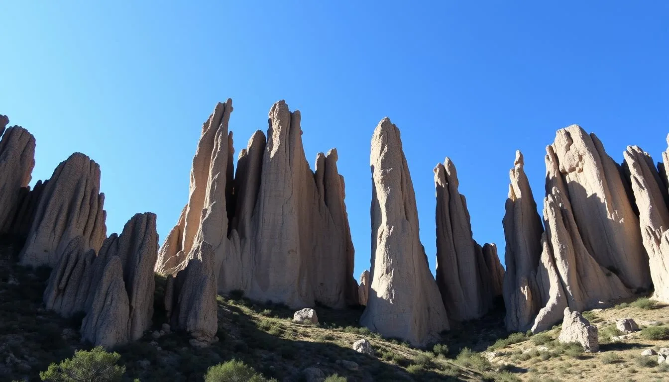 Dramatic rock formations at Sierra de Organos National Park resembling organ pipes against a blue sky
