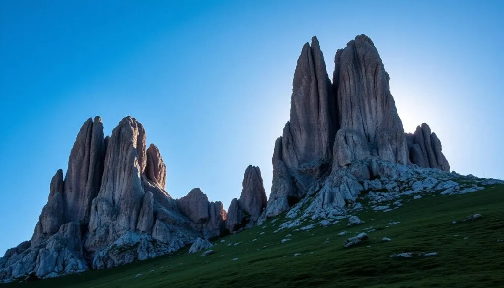 Dramatic rock formations rise majestically against a crisp, azure sky. Craggy, weathered pinnacles of limestone and granite tower over a verdant, alpine meadow, casting long, dramatic shadows. Warm sunlight illuminates the intricate textures and contours of the unique geological structures, known as the Sphinx and Babele, iconic landmarks of Romania's Bucegi Plateau. The scene evokes a sense of timeless, natural wonder, inviting the viewer to explore this stunning, pristine landscape.