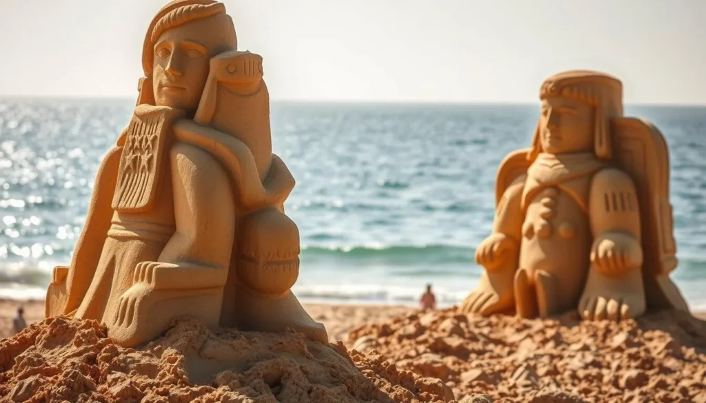 Dramatic sand sculptures against a backdrop of the sparkling Black Sea coastline. Towering figures emerge from the golden sand, sculpted with intricate details and textures. A serene, sunny day with warm, diffused lighting creating soft shadows and highlights. Capture the creative energy and artistry of the annual Sand Sculptures Festival, showcasing the stunning seaside setting of Burgas, Bulgaria. Focus on the majestic sculptures in the foreground, with the tranquil waves and horizon in the distance. Evoke a sense of wonder and appreciation for this unique coastal art display.