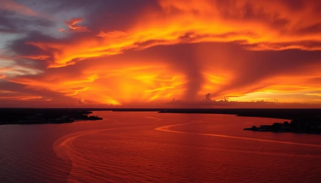 Dramatic sunset over Darwin Harbor during the transition between wet and dry seasons