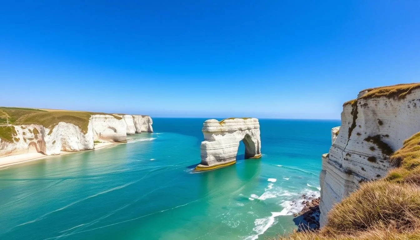 Dramatic-white-chalk-cliffs-of-Etretat-France-with-natural-arch-formation-on-a-clear-sunny-day Dramatic white chalk cliffs of Etretat, France with natural arch formation on a clear sunny day