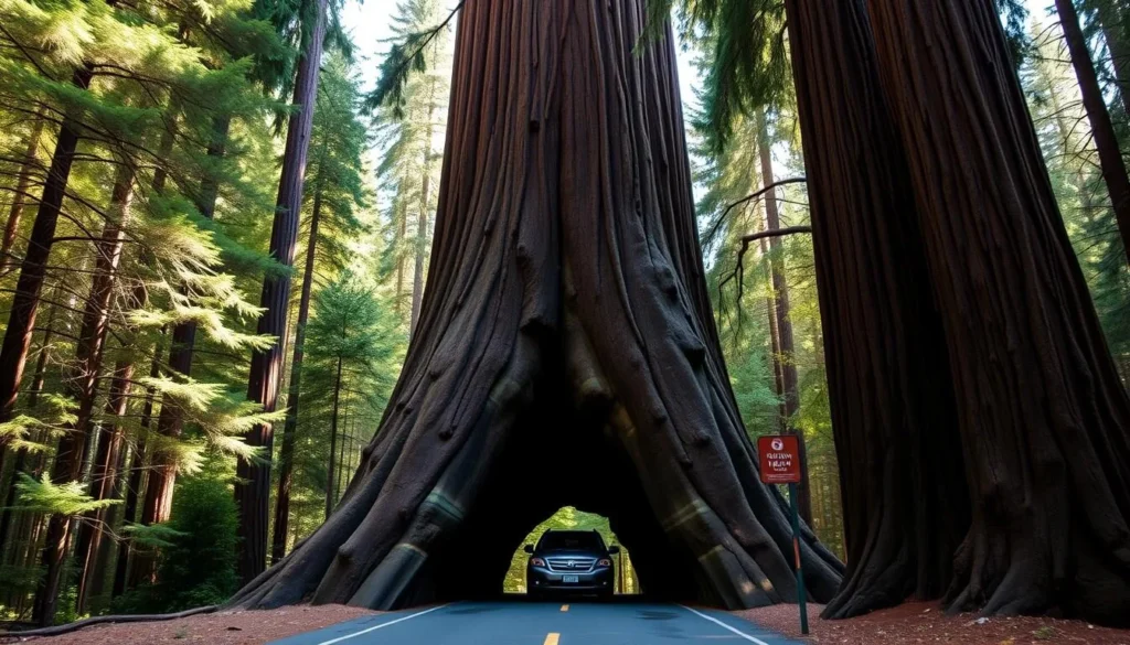 Drive-Thru Tree Park near Reynolds Wayside Campground showing massive redwood with car passing through