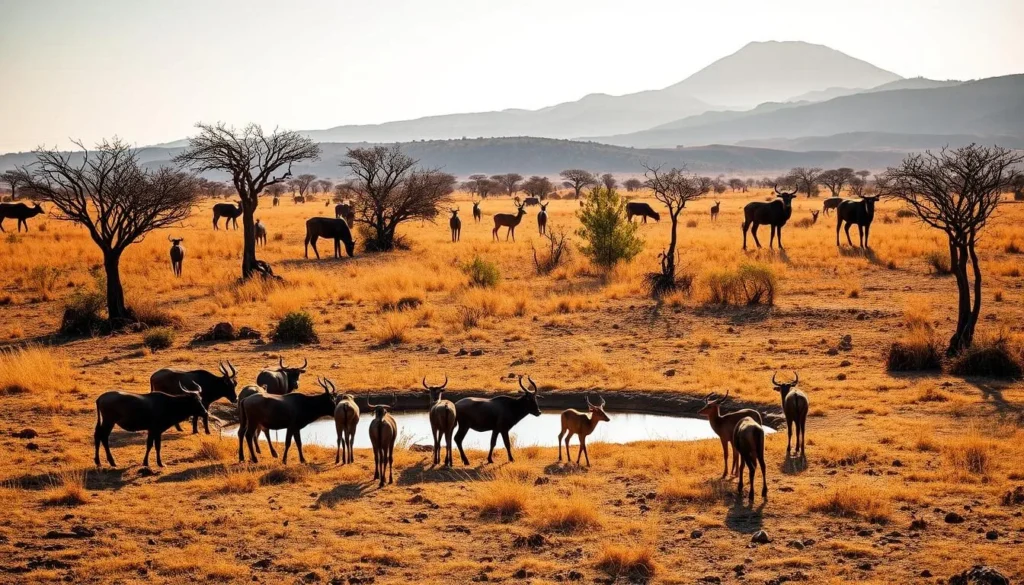 Dry season landscape in Baluran National Park showing wildlife gathering near a waterhole