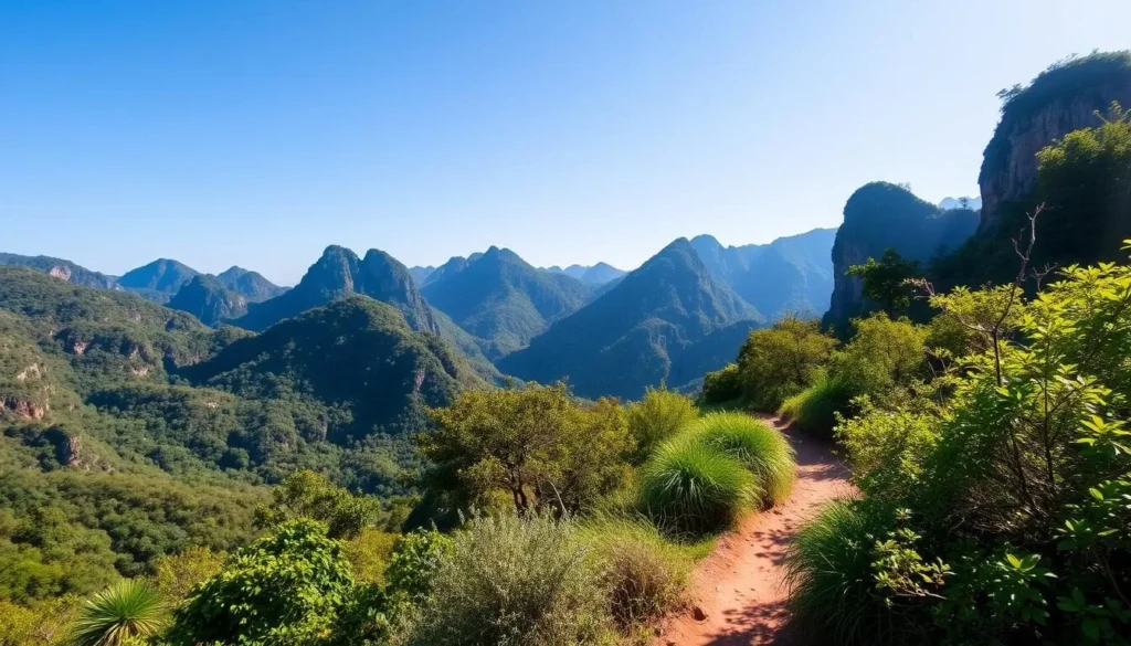 Dry season landscape in Phou Hin Poun National Protected Area showing clear skies and accessible trails