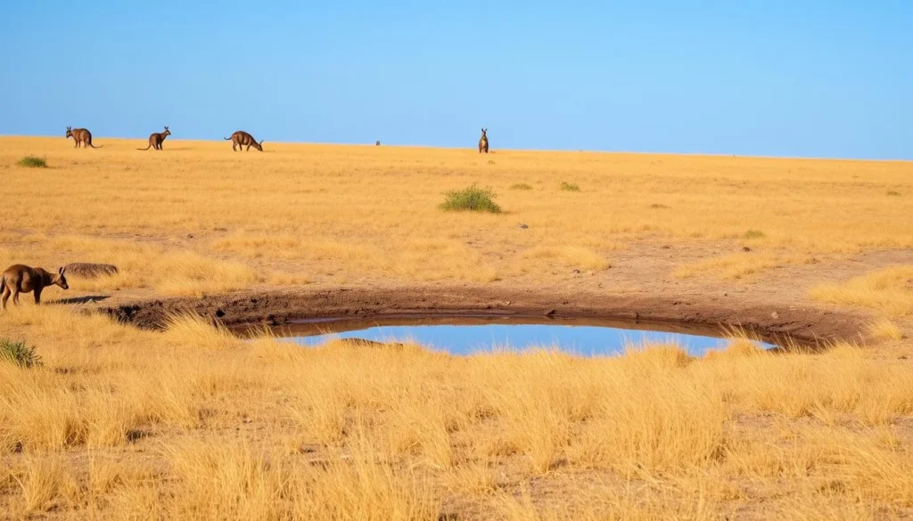 Dry season landscape in Wasur National Park showing golden savanna and wildlife gathering near a water source