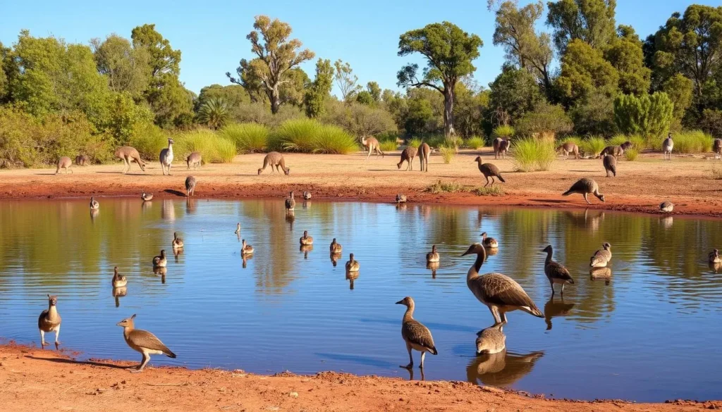 Dry season waterhole with birds and wildlife at Lakefield National Park Queensland