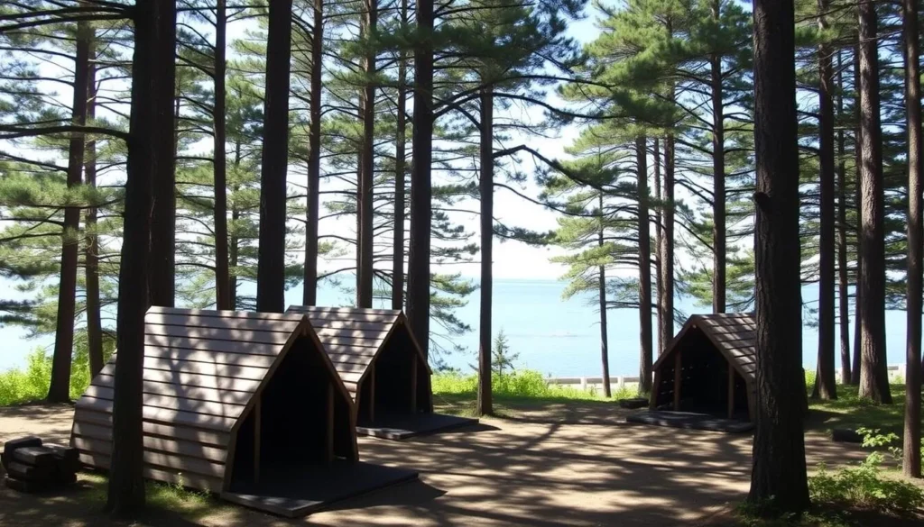 Duck Harbor Campground on Isle au Haut showing lean-to shelters surrounded by pine trees near the shore