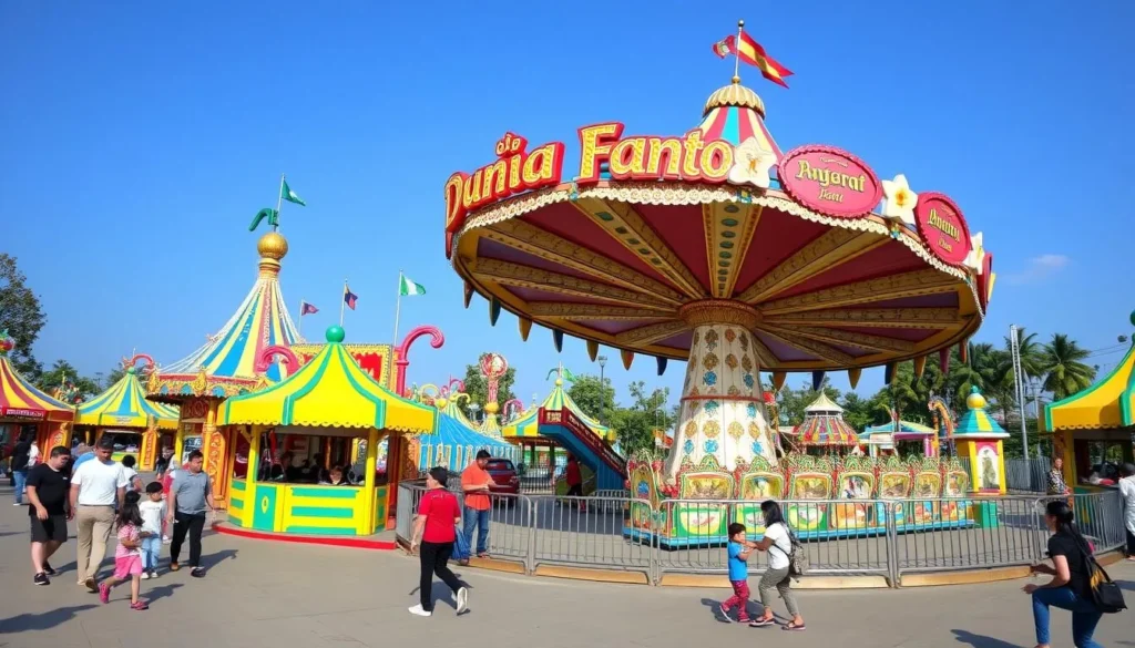 Dunia Fantasi theme park in Ancol with colorful rides and attractions under blue sky