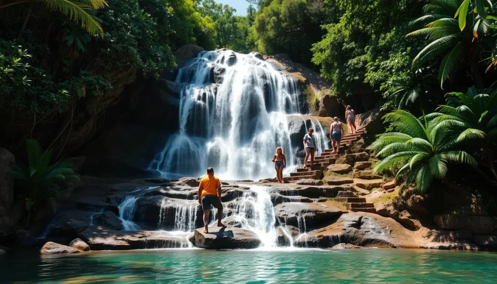 Dunn's River Falls in Jamaica with tourists climbing the cascading waterfall