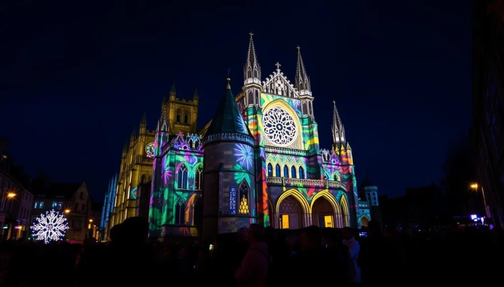Durham Cathedral illuminated during the Lumiere Festival with colorful light projections, highlighting cultural events in Durham, England: Best Things to Do