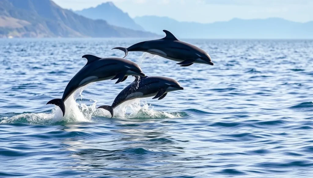 Dusky dolphins jumping and playing in the waters off Kaikoura coast