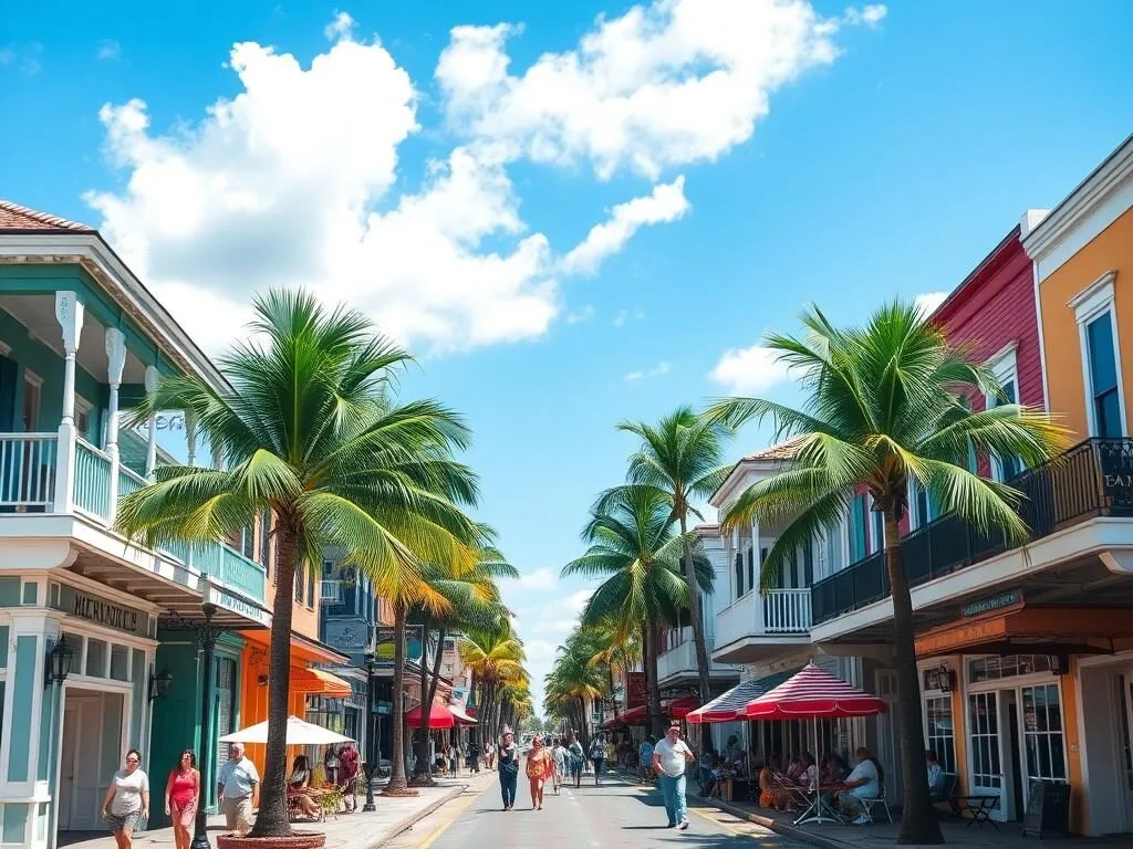 Duval Street in Key West with colorful buildings and palm trees Duval Street in Key West with colorful buildings and palm trees