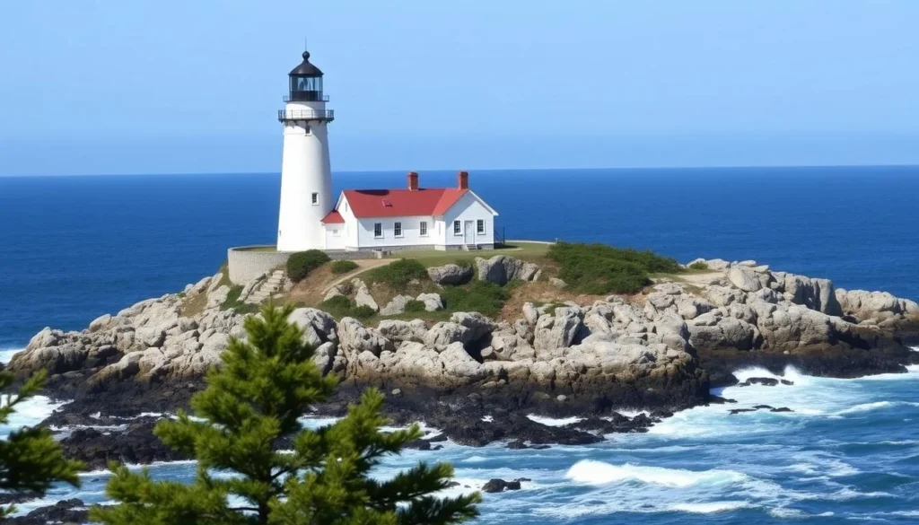 Dyce Head Lighthouse in Castine, Maine with coastal views of Penobscot Bay