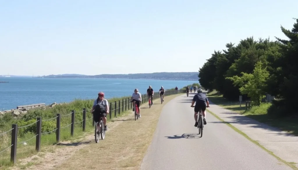 East Bay Bike Path in Bristol Rhode Island with cyclists enjoying waterfront views East Bay Bike Path in Bristol Rhode Island with cyclists enjoying waterfront views
