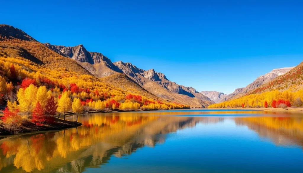East Canyon State Park in autumn with colorful fall foliage surrounding the reservoir