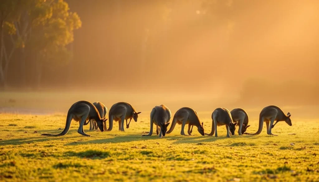 Eastern grey kangaroos grazing at dawn in Eurobodalla National Park