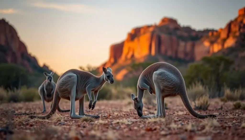 Eastern grey kangaroos grazing at dusk in Carnarvon Gorge with sandstone cliffs in background