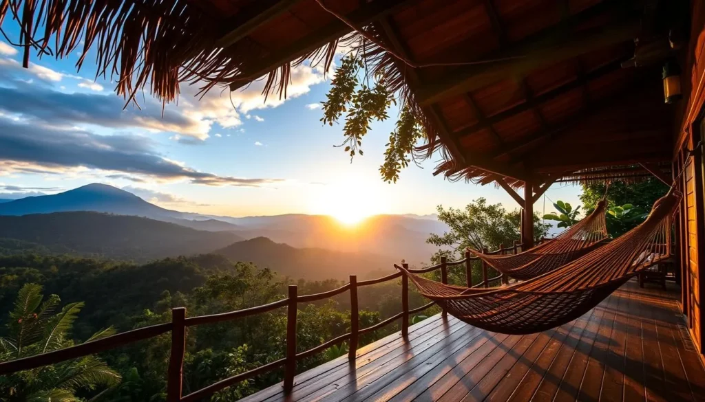 Eco-friendly accommodation in Minca with hammocks overlooking the Sierra Nevada mountains
