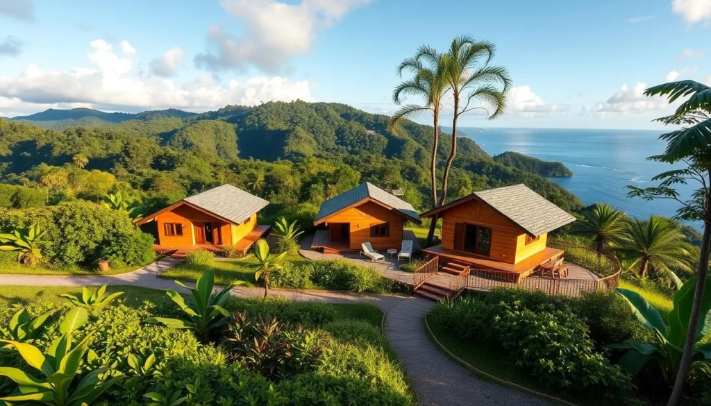 Eco-friendly resort in Dominica with cabins nestled in the rainforest overlooking the Caribbean Sea