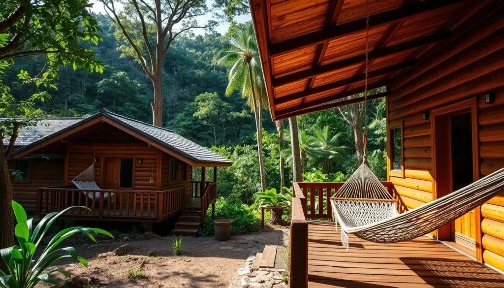 Eco-lodge accommodation at Pico Bonito National Park with wooden cabins nestled in the rainforest