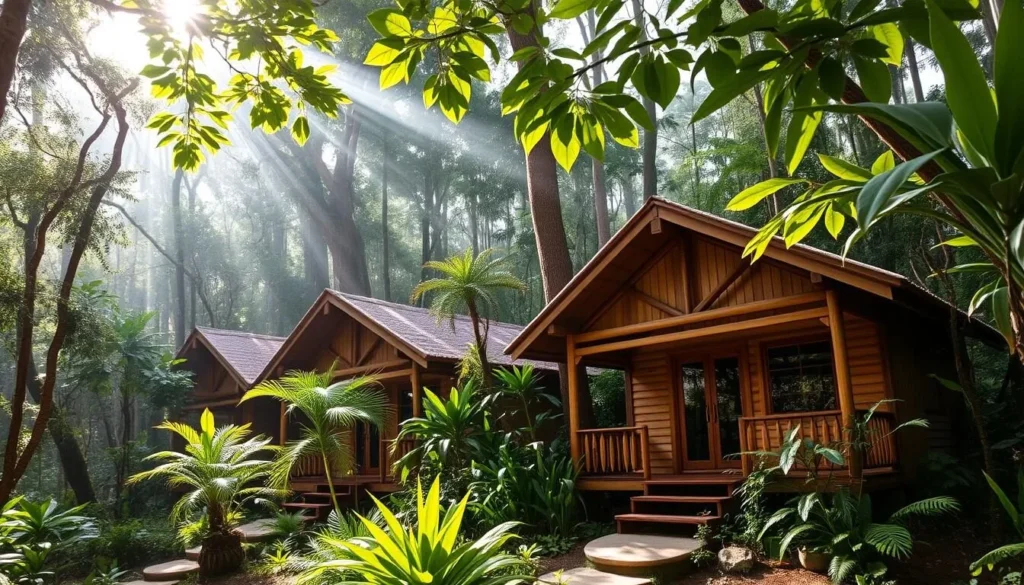 Eco-lodge accommodation in Amboro National Park with wooden cabins nestled in the forest