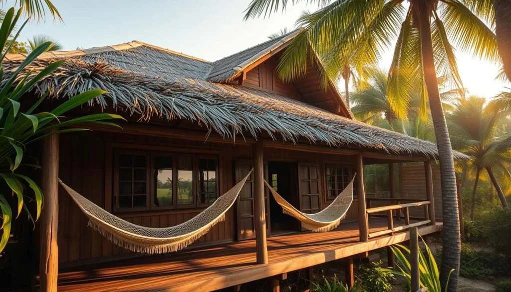 Eco-lodge accommodation in Patuca National Park with traditional thatched roof design Eco-lodge accommodation in Patuca National Park with traditional thatched roof design