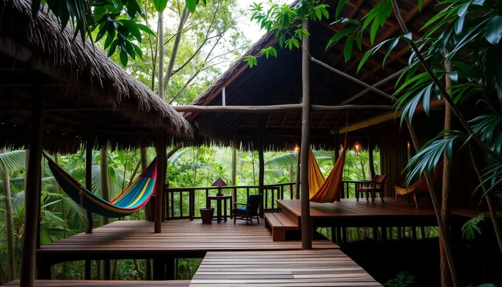 Eco-lodge accommodation in the Amazon Rainforest with hammocks and natural materials